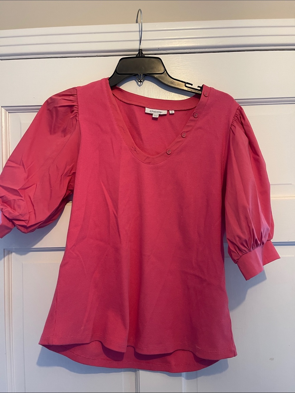 Chico's Bright Pink Puff-Sleeve V-Neck Top with Button Detail